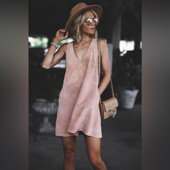 Free People Retro Love Sleeveless Mini Dress‎ Pink Sz L Suede - Picture 1 of 5